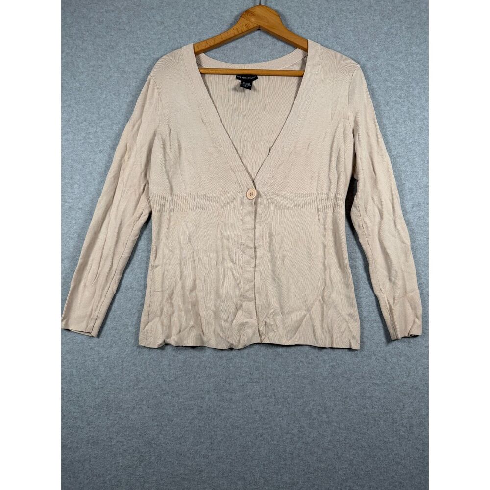 New York & Company Women's Large Beige One Button V Neck Knit Cardigan 0719